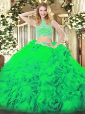 High Class Floor Length Backless Vestidos de Quinceanera Green for Military Ball and Sweet 16 and Quinceanera with Beading and Ruffles