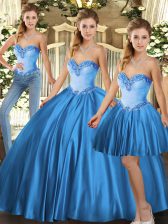  Baby Blue Three Pieces Beading Quinceanera Gowns Lace Up Tulle Sleeveless Floor Length