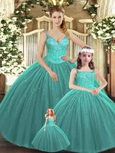 Excellent Turquoise Lace Up Straps Beading Quinceanera Dresses Tulle Sleeveless