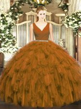  Brown Ball Gowns Tulle V-neck Sleeveless Beading and Ruffles Floor Length Zipper Quince Ball Gowns