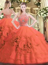  Red 15 Quinceanera Dress Military Ball and Sweet 16 and Quinceanera with Beading and Ruffled Layers Halter Top Sleeveless Zipper