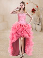  Organza Sleeveless High Low Prom Gown and Beading and Ruffles