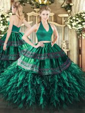  Dark Green Zipper Halter Top Appliques and Ruffles Quinceanera Dresses Organza Sleeveless