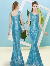 Flirting Mermaid Prom Dresses Baby Blue Asymmetric Sequined Sleeveless Floor Length Zipper