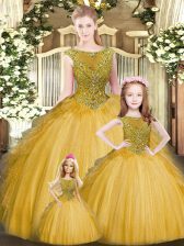 Sumptuous Beading and Ruffles 15th Birthday Dress Gold Lace Up Sleeveless Floor Length