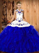 Free and Easy Blue And White Ball Gowns Satin and Organza Halter Top Sleeveless Embroidery and Ruffles Floor Length Lace Up Quinceanera Dress