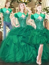 Elegant Dark Green Tulle Lace Up Sweetheart Sleeveless Floor Length Quinceanera Dress Beading and Ruffles