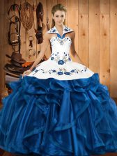  Blue Ball Gowns Embroidery and Ruffles Quinceanera Gowns Lace Up Satin and Organza Sleeveless Floor Length