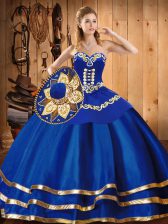 Simple Floor Length Blue Quince Ball Gowns Satin and Tulle Sleeveless Embroidery