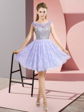 Sumptuous Lavender Cap Sleeves Lace Backless Prom Dresses for Prom and Party