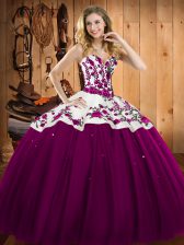  Fuchsia Quinceanera Gown Military Ball and Sweet 16 and Quinceanera with Embroidery Sweetheart Sleeveless Lace Up