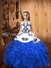 Adorable Sleeveless Floor Length Embroidery and Ruffles Lace Up Pageant Dress for Womens with Blue