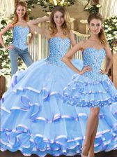 Great Baby Blue Ball Gowns Beading and Ruffled Layers Sweet 16 Quinceanera Dress Lace Up Tulle Sleeveless Floor Length