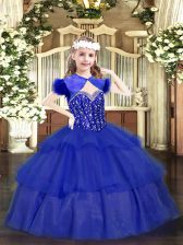  Floor Length Ball Gowns Sleeveless Royal Blue Little Girls Pageant Gowns Lace Up