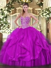 Cute Organza Sweetheart Sleeveless Lace Up Beading and Ruffles Vestidos de Quinceanera in Fuchsia