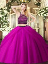 Fancy Beading and Ruching Sweet 16 Dresses Fuchsia Zipper Sleeveless Floor Length