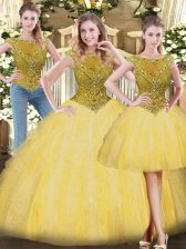  Scoop Sleeveless Tulle 15 Quinceanera Dress Beading and Ruffles Zipper