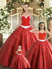  Ball Gowns Quinceanera Dress Red Sweetheart Tulle Sleeveless Floor Length Lace Up