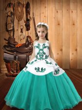  Aqua Blue Organza Lace Up Straps Sleeveless Floor Length Pageant Dresses Embroidery