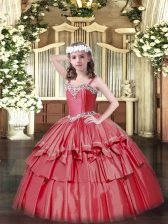 Excellent Floor Length Coral Red Child Pageant Dress Straps Sleeveless Lace Up