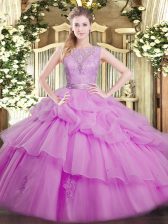 Classical Lilac Scoop Backless Lace and Ruffled Layers Sweet 16 Dresses Sleeveless