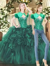 Charming Tulle Sweetheart Sleeveless Lace Up Beading and Ruffles 15 Quinceanera Dress in Dark Green
