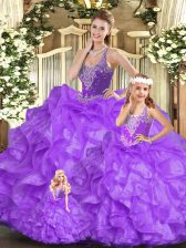  Sleeveless Organza Floor Length Lace Up Vestidos de Quinceanera in Eggplant Purple with Beading and Ruffles
