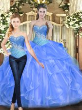 Stunning Floor Length Lavender Sweet 16 Dresses Organza Sleeveless Beading and Ruffles