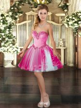Traditional Hot Pink Sleeveless Mini Length Beading Lace Up Prom Party Dress