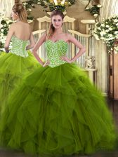  Olive Green 15th Birthday Dress Military Ball and Sweet 16 and Quinceanera with Beading and Ruffles Sweetheart Sleeveless Lace Up