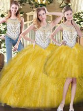  Beading and Ruffles Quinceanera Dress Yellow Zipper Sleeveless Floor Length