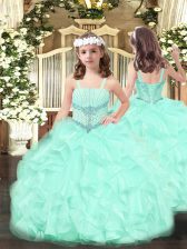 Nice Apple Green Ball Gowns Straps Sleeveless Organza Floor Length Lace Up Beading and Ruffles Pageant Dress for Teens