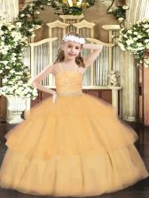  Orange Straps Zipper Beading and Lace and Ruffled Layers Pageant Dress for Womens Sleeveless