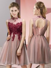  Peach High-neck Neckline Appliques Quinceanera Court of Honor Dress Sleeveless Lace Up