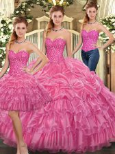 Fashion Rose Pink Lace Up Sweetheart Beading and Ruffles Quince Ball Gowns Organza Sleeveless