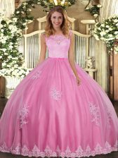 Romantic Rose Pink Ball Gowns Tulle Scoop Sleeveless Lace and Appliques Floor Length Clasp Handle Quinceanera Gowns