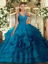 Delicate V-neck Sleeveless Ball Gown Prom Dress Floor Length Ruffled Layers Teal Organza