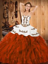  Satin and Organza Strapless Sleeveless Lace Up Embroidery and Ruffles Quinceanera Dress in Rust Red