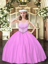 Modern Lilac Lace Up Straps Beading Kids Formal Wear Satin Sleeveless