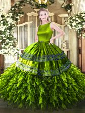  Olive Green Satin and Organza Zipper Vestidos de Quinceanera Sleeveless Floor Length Ruffles