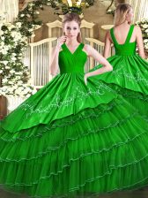 Ideal Floor Length Zipper Quince Ball Gowns Green for Military Ball and Sweet 16 and Quinceanera with Embroidery and Ruffled Layers