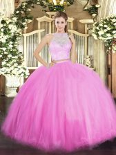 Customized Scoop Sleeveless 15th Birthday Dress Floor Length Lace Rose Pink Tulle
