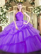 Amazing Sleeveless Organza Floor Length Zipper Sweet 16 Dress in Eggplant Purple with Lace and Ruffled Layers