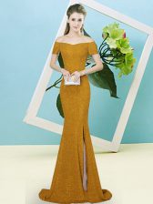 Latest Brown Mermaid Sequined Off The Shoulder Short Sleeves Sequins Zipper Prom Gown Sweep Train