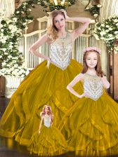  Floor Length Lace Up Sweet 16 Dresses Brown for Military Ball and Sweet 16 and Quinceanera with Beading and Ruffles