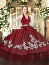 Colorful Floor Length Burgundy Ball Gown Prom Dress Taffeta Sleeveless Appliques