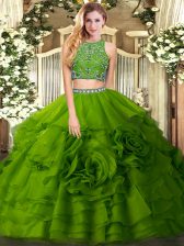 Fitting Floor Length Olive Green Vestidos de Quinceanera High-neck Sleeveless Zipper