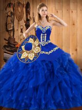 Perfect Blue Satin and Organza Lace Up Quinceanera Dresses Sleeveless Floor Length Embroidery and Ruffles