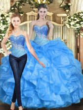 Simple Baby Blue Sweetheart Neckline Beading and Ruffles Quinceanera Gown Sleeveless Lace Up