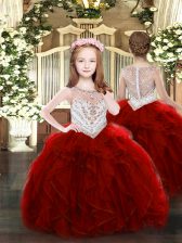 Top Selling Wine Red Organza Zipper Pageant Dress Sleeveless Floor Length Beading and Ruffles